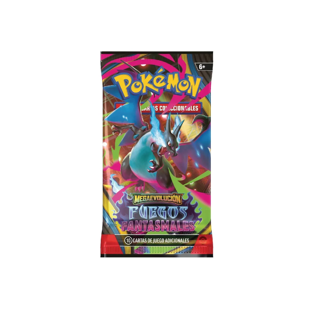 Sobre individual de Pokémon TCG Megaevolución Fuegos Fantasmales en español. Ilustración de ejemplo; diseño aleatorio.